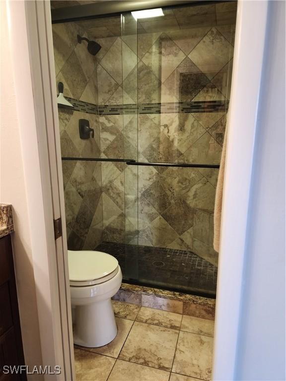 bathroom with vanity, toilet, and a shower with shower door