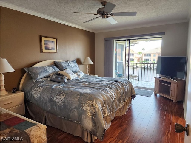 bedroom with dark hardwood / wood-style flooring, ornamental molding, access to outside, ceiling fan, and a textured ceiling