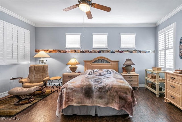 bedroom with dark hardwood / wood-style flooring, ceiling fan, and ornamental molding