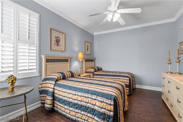 bedroom featuring ceiling fan, crown molding, and dark wood-type flooring