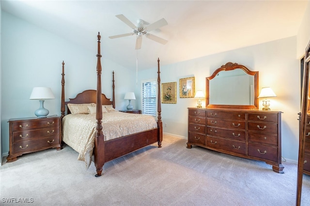 bedroom with light colored carpet and ceiling fan