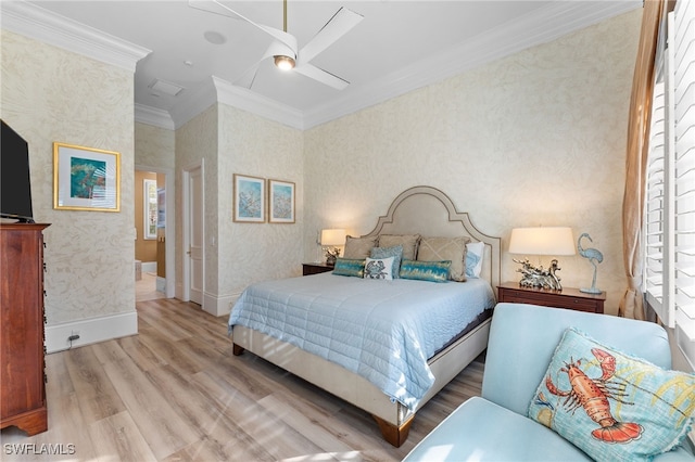 bedroom featuring wood-type flooring, ceiling fan, and ornamental molding