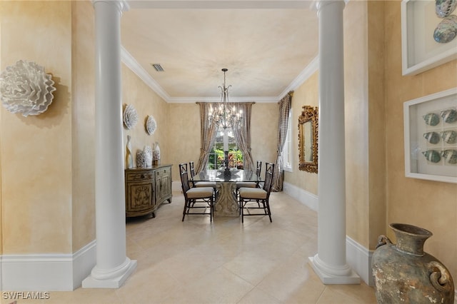 dining area with ornate columns, crown molding, and an inviting chandelier