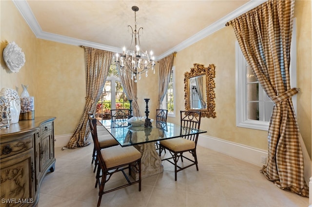 tiled dining area featuring ornamental molding and a chandelier