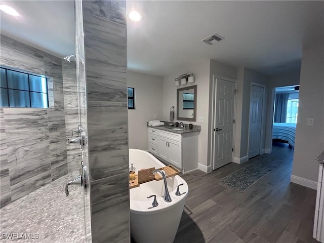 bathroom featuring vanity and independent shower and bath