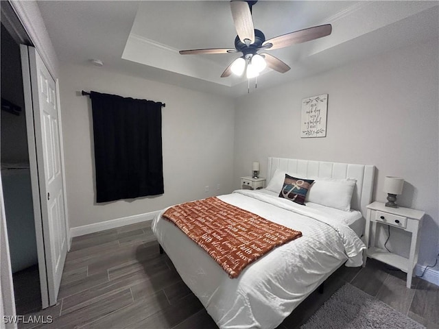 bedroom featuring a tray ceiling, ceiling fan, and a closet