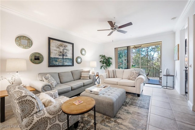 tiled living room with ceiling fan and ornamental molding