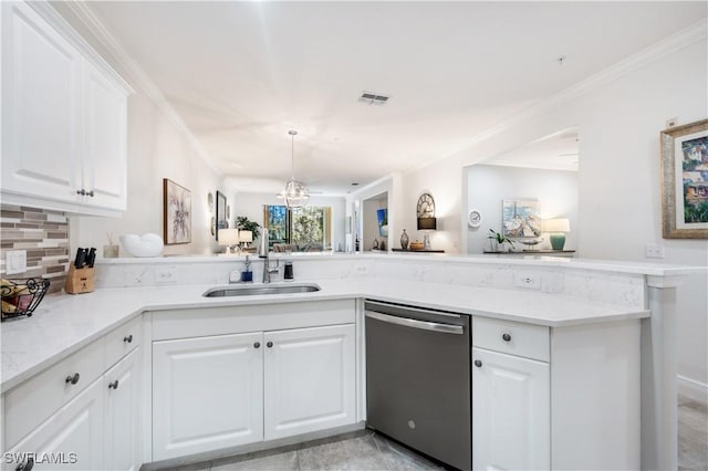 kitchen with white cabinetry, sink, stainless steel dishwasher, backsplash, and kitchen peninsula