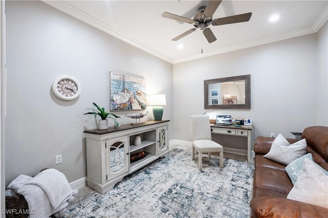 living room featuring ceiling fan and ornamental molding