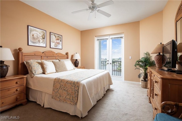 carpeted bedroom with access to exterior and ceiling fan