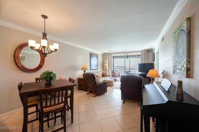 tiled living room featuring a notable chandelier and ornamental molding