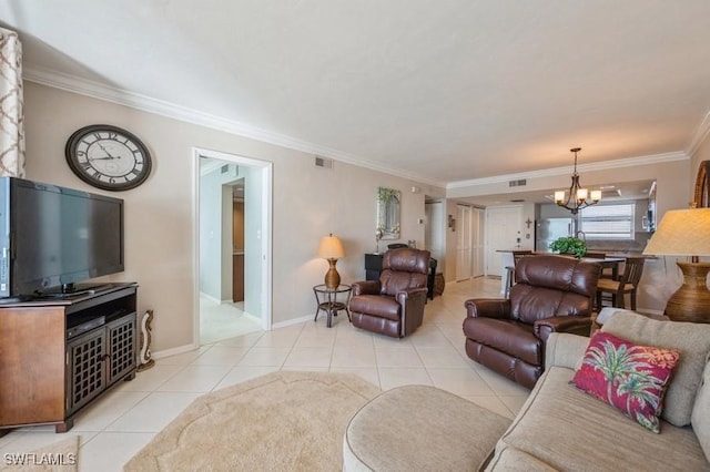 tiled living room featuring an inviting chandelier and crown molding