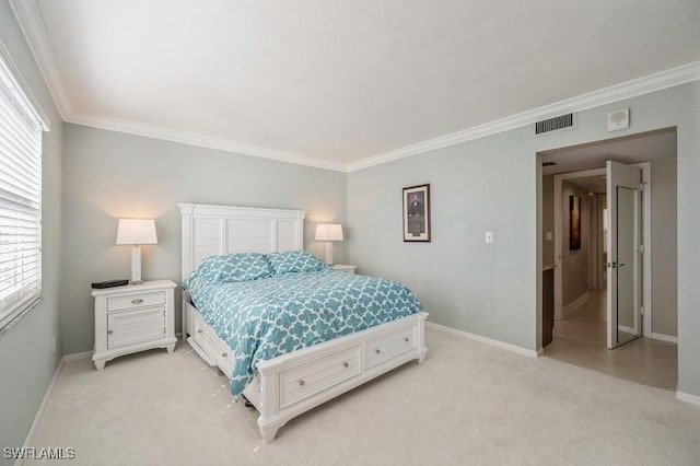 bedroom with multiple windows, light carpet, and crown molding