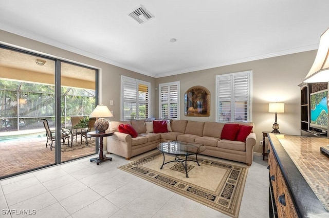 tiled living room with crown molding