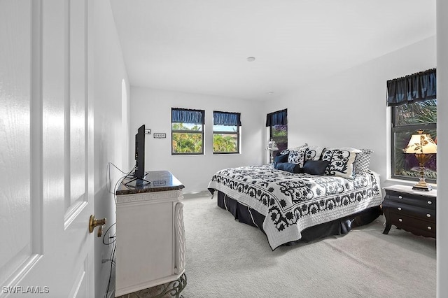 bedroom featuring light colored carpet