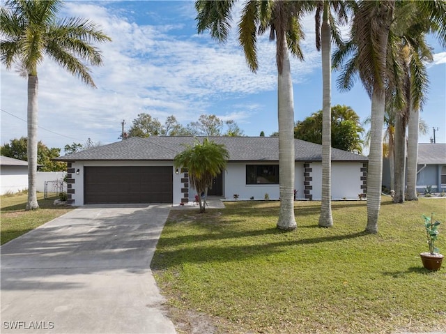 single story home featuring a garage and a front lawn