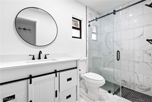 bathroom with toilet, walk in shower, and vanity