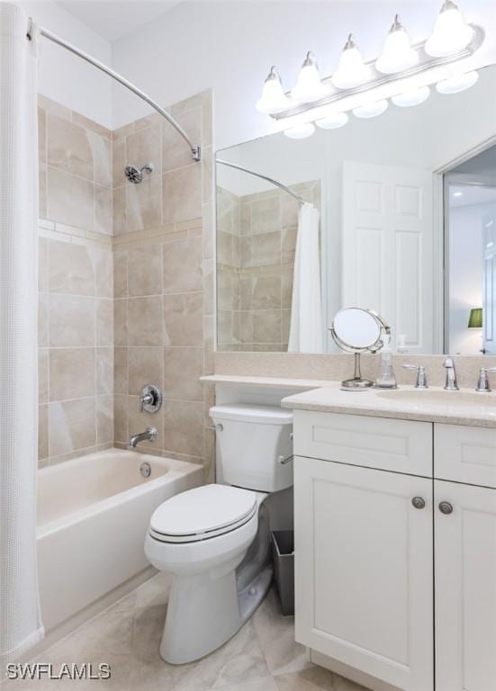 full bathroom with vanity, toilet, and shower / bathtub combination with curtain