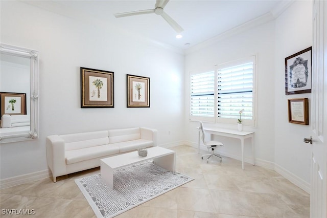 interior space featuring ceiling fan and crown molding