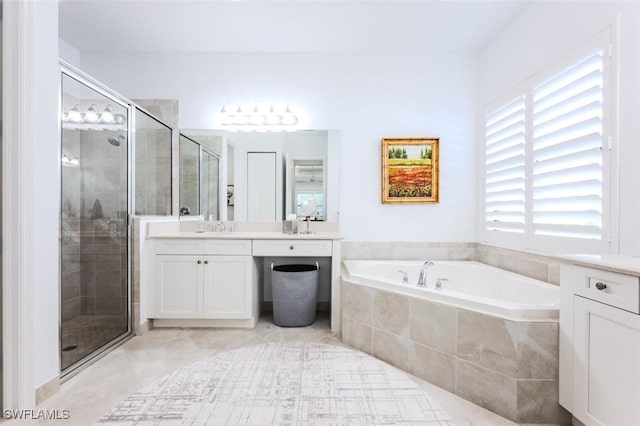 bathroom featuring separate shower and tub, tile patterned flooring, vanity, and a healthy amount of sunlight