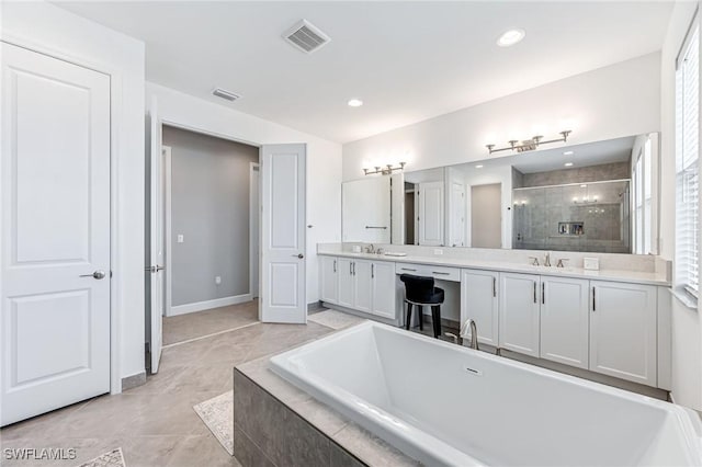 bathroom featuring tile patterned flooring, vanity, and independent shower and bath