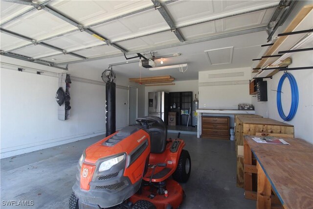 garage with stainless steel fridge with ice dispenser, strapped water heater, and a garage door opener