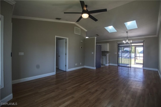 unfurnished living room featuring dark hardwood / wood-style flooring, lofted ceiling with skylight, crown molding, and ceiling fan with notable chandelier