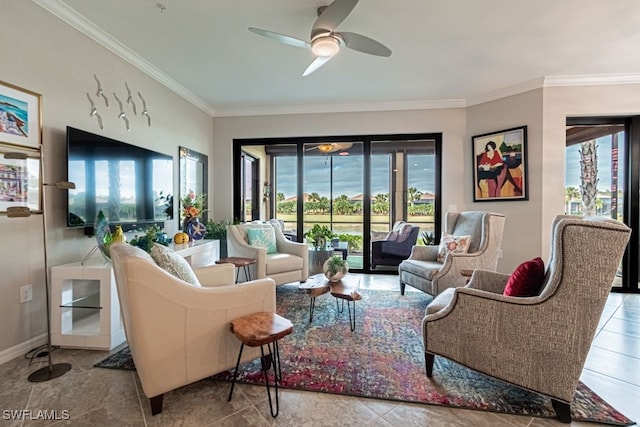 living room featuring ceiling fan and crown molding