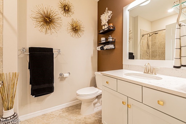 bathroom with walk in shower, tile patterned floors, vanity, and toilet