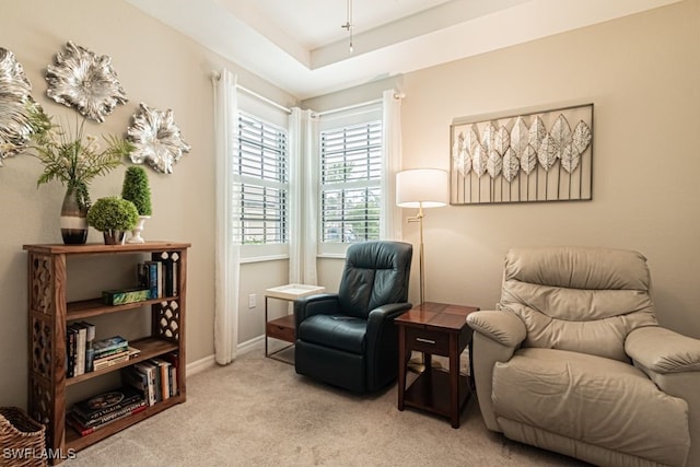 sitting room featuring light carpet and a tray ceiling