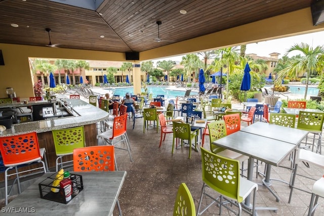 view of patio / terrace featuring a bar and a community pool