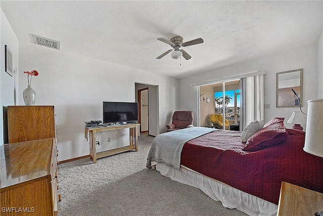 bedroom with access to exterior, carpet floors, and ceiling fan