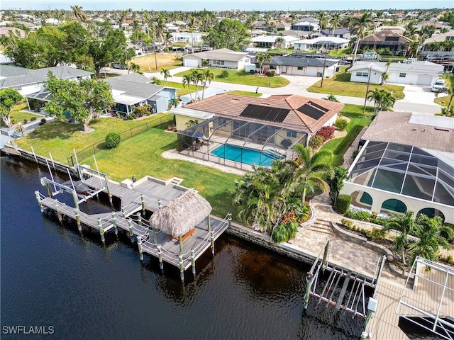 aerial view featuring a water view