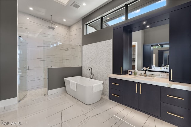 full bath with a healthy amount of sunlight, marble finish floor, a shower stall, and visible vents