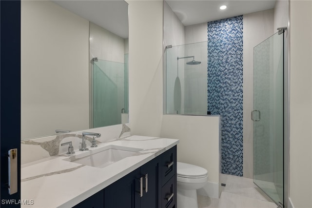 full bath with a stall shower, tile patterned flooring, vanity, and toilet