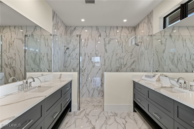 bathroom featuring recessed lighting, a sink, and a marble finish shower