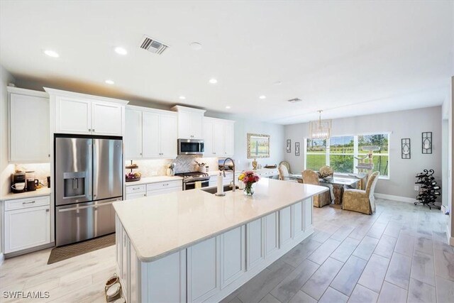 kitchen with sink, stainless steel appliances, white cabinetry, and an island with sink