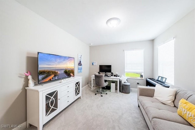 home office with light colored carpet