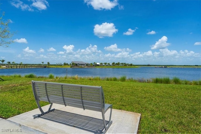 view of property's community featuring a water view and a lawn