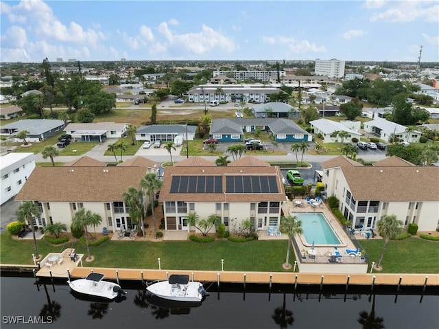 aerial view featuring a water view