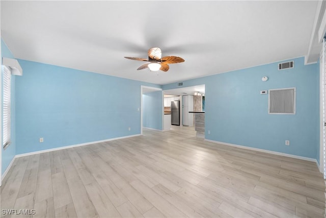 unfurnished living room with ceiling fan and light hardwood / wood-style floors