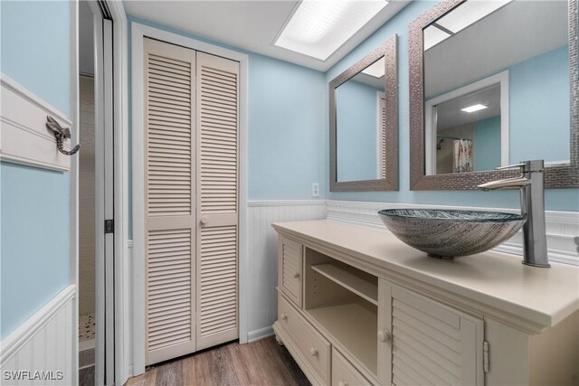 bathroom featuring vanity and wood-type flooring