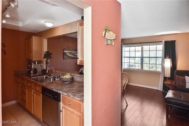 kitchen featuring sink, dishwasher, a textured ceiling, and dark hardwood / wood-style floors