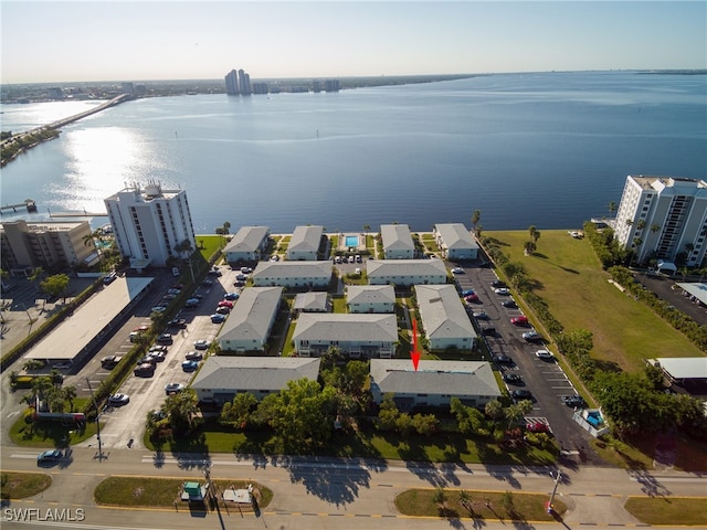 drone / aerial view featuring a water view