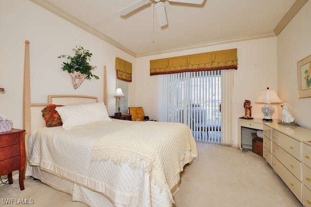 carpeted bedroom featuring ceiling fan, ornamental molding, and access to exterior