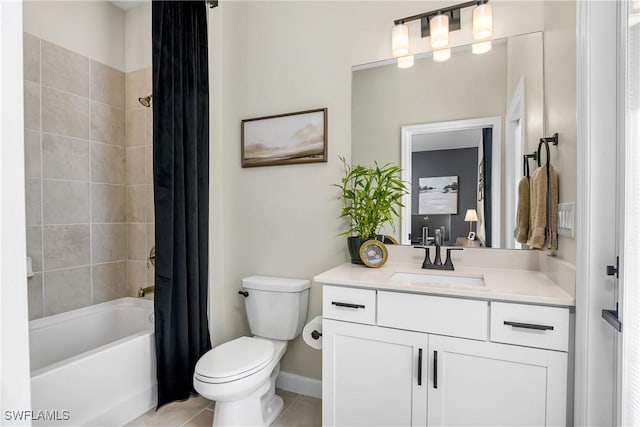 full bathroom featuring toilet, vanity, tile patterned flooring, and shower / tub combo with curtain