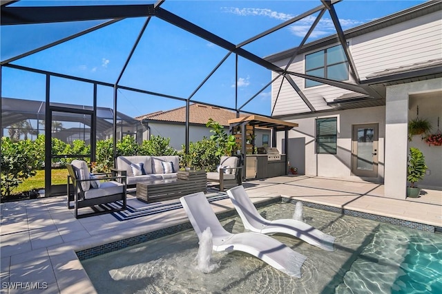 view of patio / terrace featuring exterior kitchen, an outdoor hangout area, a lanai, and a grill