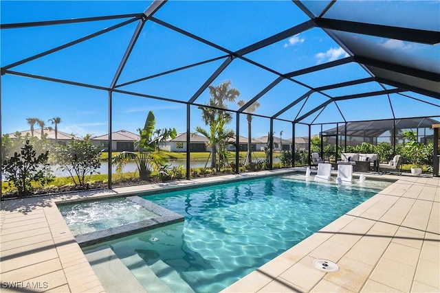 view of swimming pool with a lanai, a patio, an in ground hot tub, and outdoor lounge area