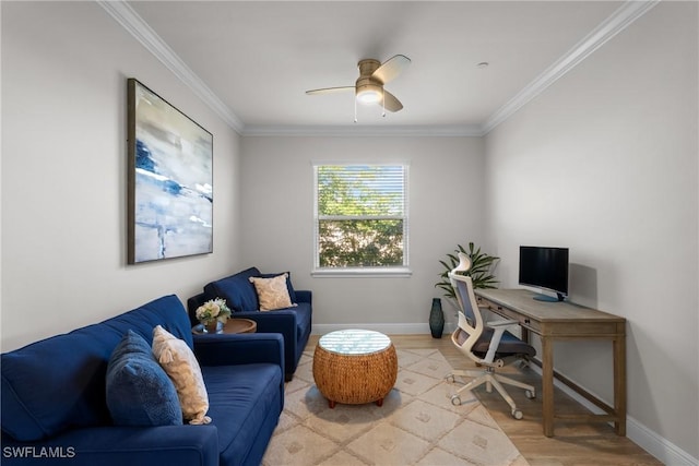 office area with ceiling fan, light hardwood / wood-style floors, and crown molding