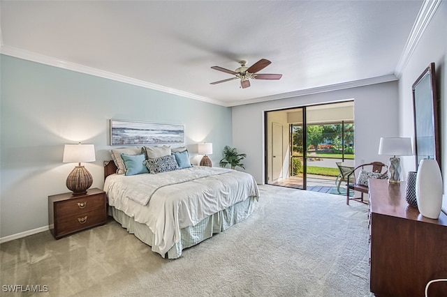 bedroom featuring light carpet, access to exterior, crown molding, and ceiling fan